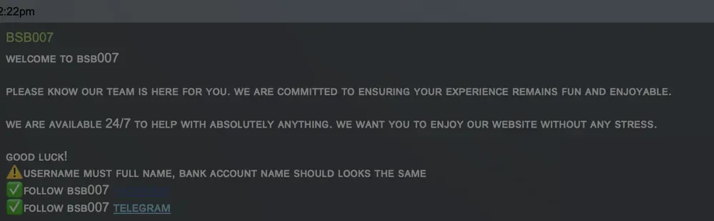 BSB007 live chat welcome message: 24/7 support, username must be full name
