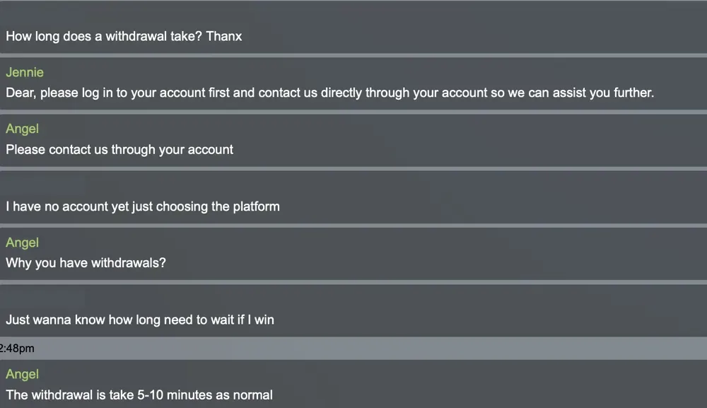 BSB007 live chat: a withdrawal takes 5–10 minutes as normal